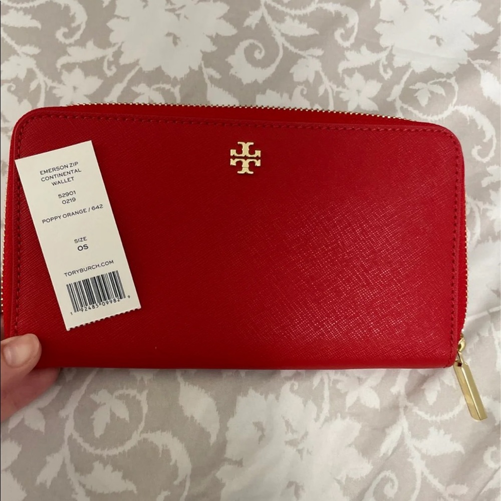 Tory Burch Emerson Zip Leather Continental Wallet poppy orange